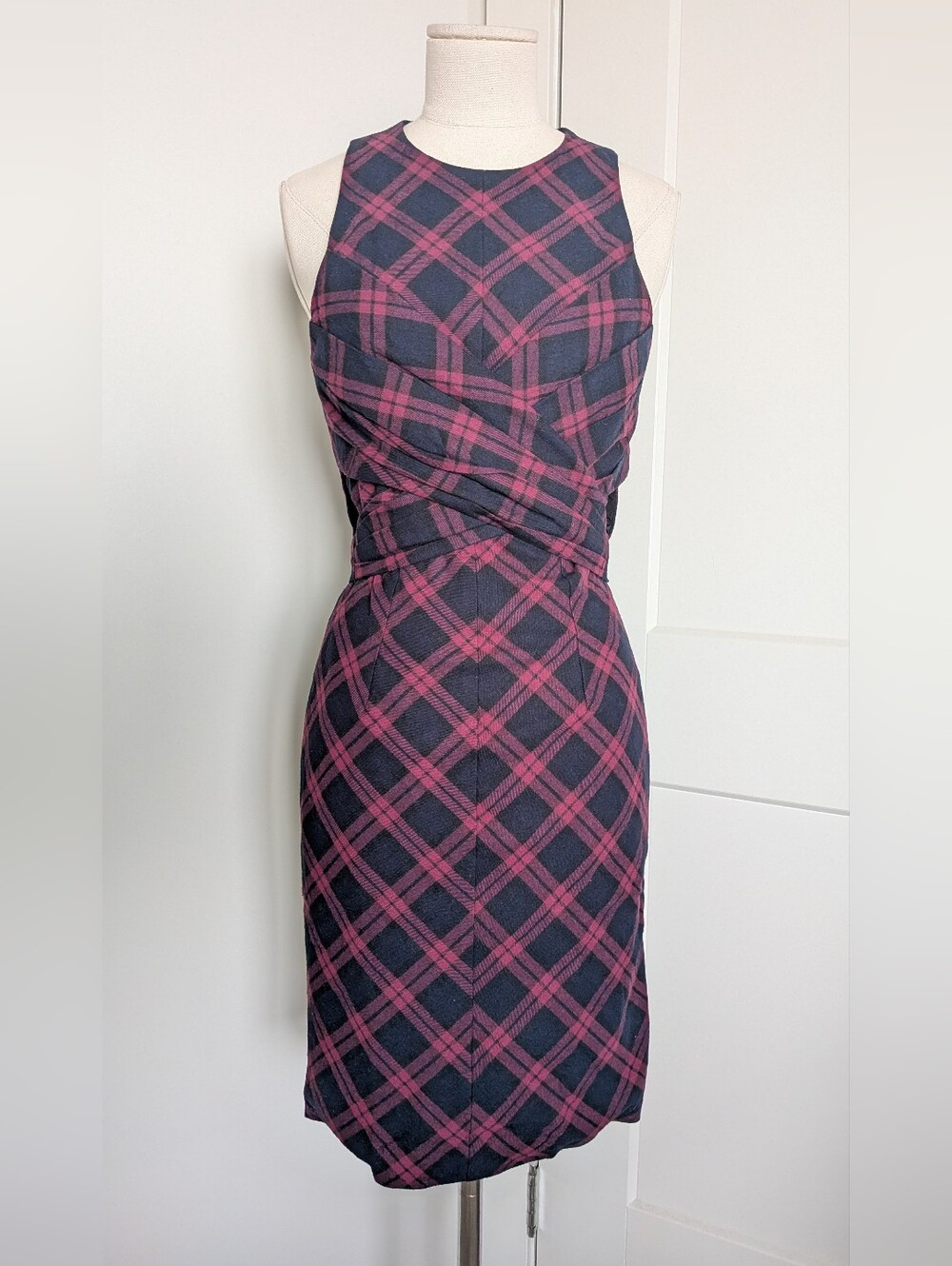 DO+BE Plaid Midi Dress Small NWT Criss Cross Wrap Cut Out Purple Pink Navy